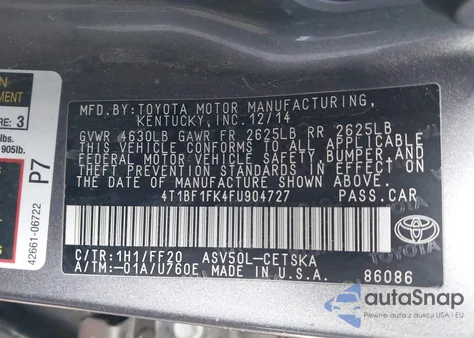 2015 Toyota Camry Se z USA, uszkodzony, nr VIN 4T1BF1FK4FU904727